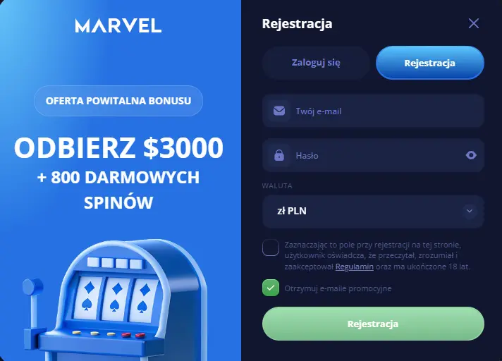 Marvel Casino formularz rejestracyjny